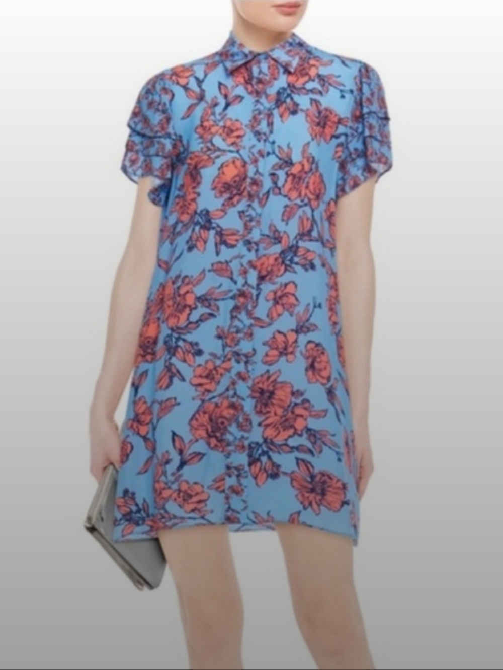 Alice + Olivia Floral Shirt Dress with Layered Flutter Sleeves Size XL